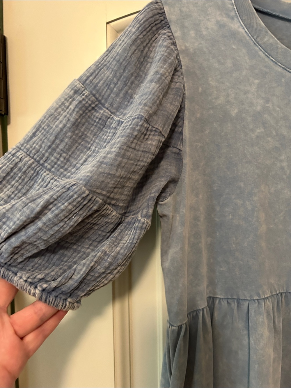 Washed Light Blue Puff-Sleeve Babydoll Mini Dress - Picture 3 of 8